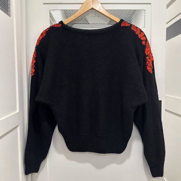 Vintage 80's Sweater Black Red Sequins Floral Dolman - Picture 4 of 7